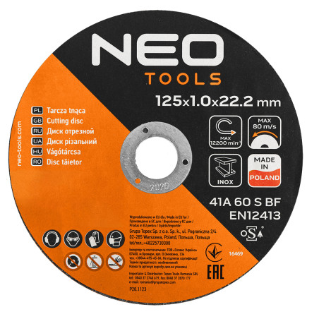 Skärpskivor för metall/INOX 125 x 1,0 x 22,2 mm, 41 A60-S-BF, 100 st. hink. Tillverkad i PL.