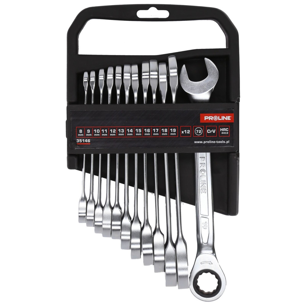 Nyckelsats med skiftnyckel, 12 delar (8-19mm), krom-vanadium, Proline. Nyckelsats med skiftnyckel, 12 delar (8-19mm), krom-vanadium, Proline.