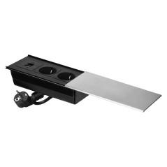 Möbeluttag med skjutbar lock, 2x2P+Z (Schuko), USB A+C, silver