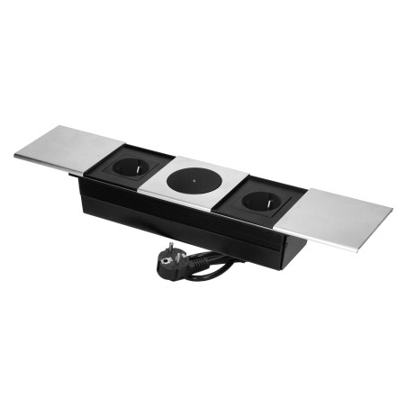Möbeluttag med skjutbar lock, 2x2P+Z (Schuko), trådlös laddare, silver