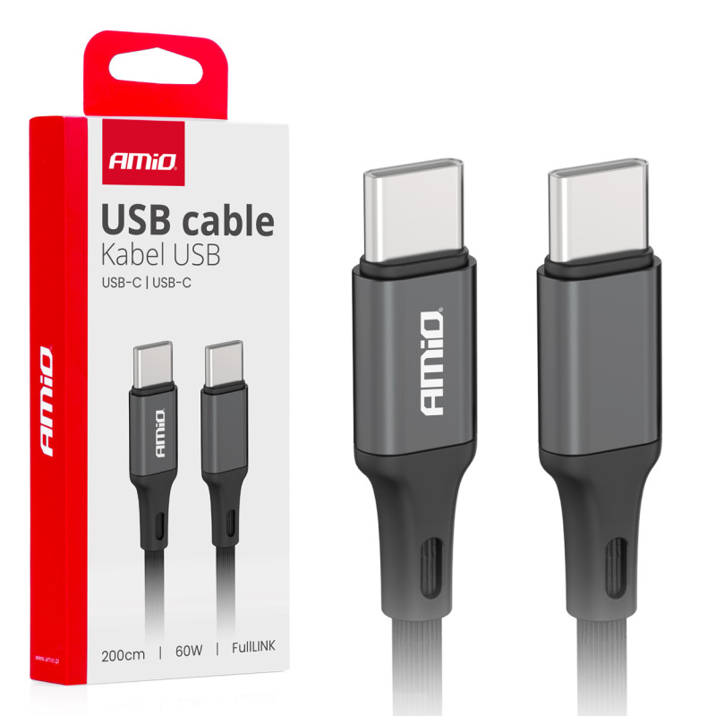 Kabel för laddning USB-C till USB-C 60W 200cm fulllink amio-03903