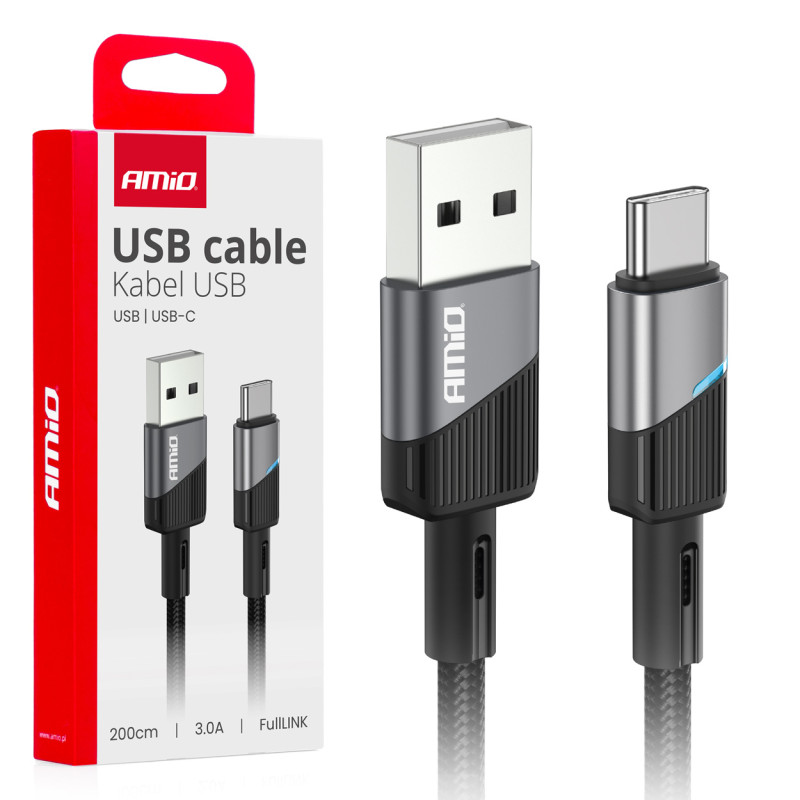 Kabel för laddning usb-a till usb-c 3a 200cm fulllink amio-03924