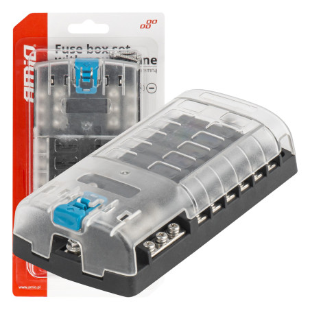 Säkringsbox med negativ skena och skruvanslutningar, 12 uttag, artikelnummer amio-03834.