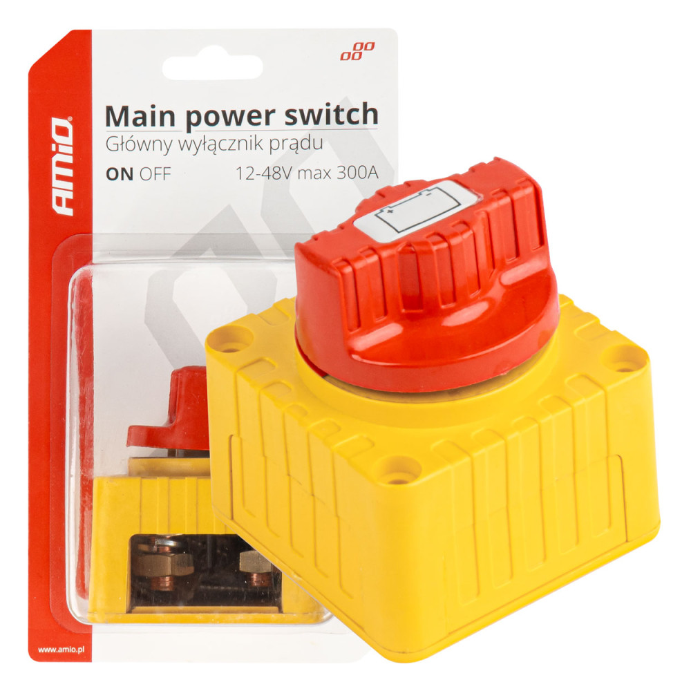 Brytare för avstängning av ström, spak för batteriavstängning 12V - 48V max 300A amio-03839. 

Let me know if you need help with