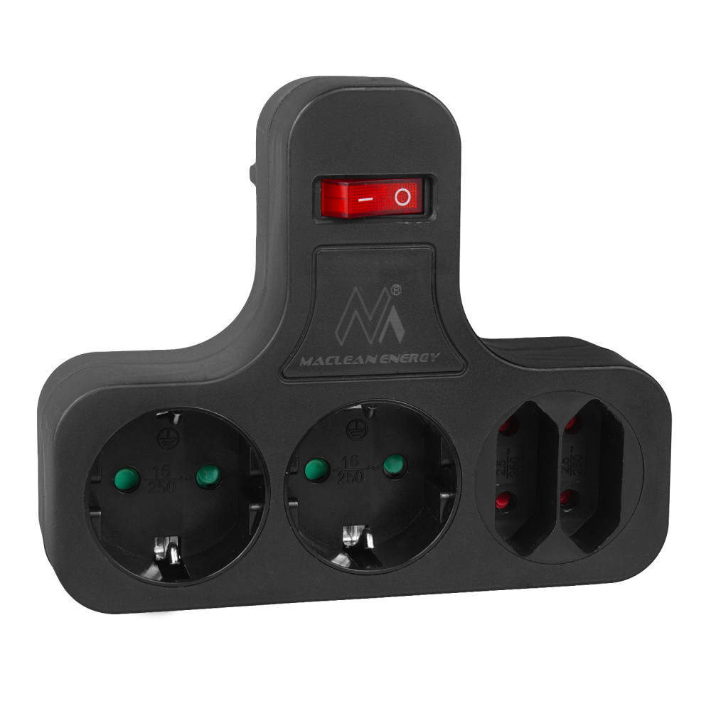 Eluttag Maclean, med fyra uttag och strömbrytare, stabiliserande fot, Schuko-typ, 2x2,5A, 2x16A, MCE224 G/B Eluttag Maclean, med fyra uttag och strömbrytare, stabiliserande fot, Schuko-typ, 2x2,5A, 2x16A, MCE224 G/B