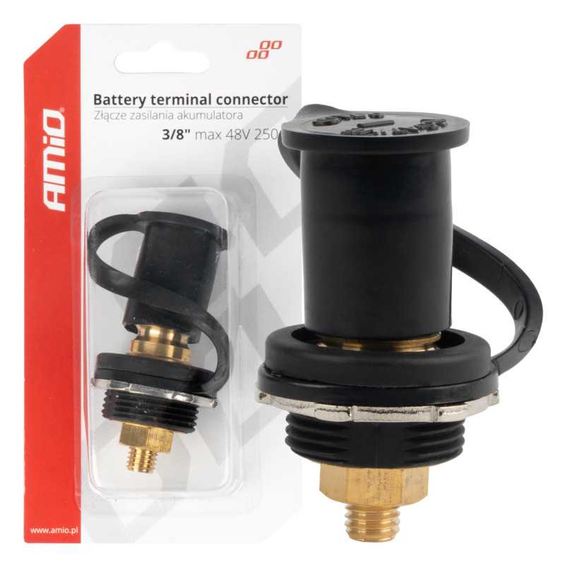 Anslutning för batteriström, svart minus med plugg 3/8 M10 12V 24V 48V 250A AMIO-03813.