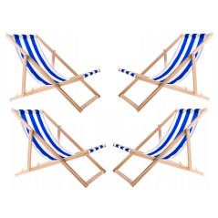 Set med 4 solstolar, blåa remmar, monterade, trälook