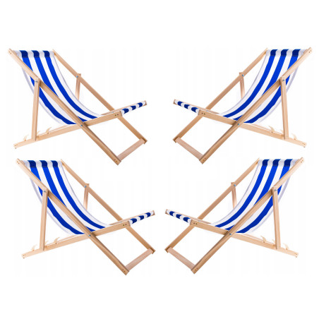 Set med 4 solstolar, blåa remmar, monterade, trälook
