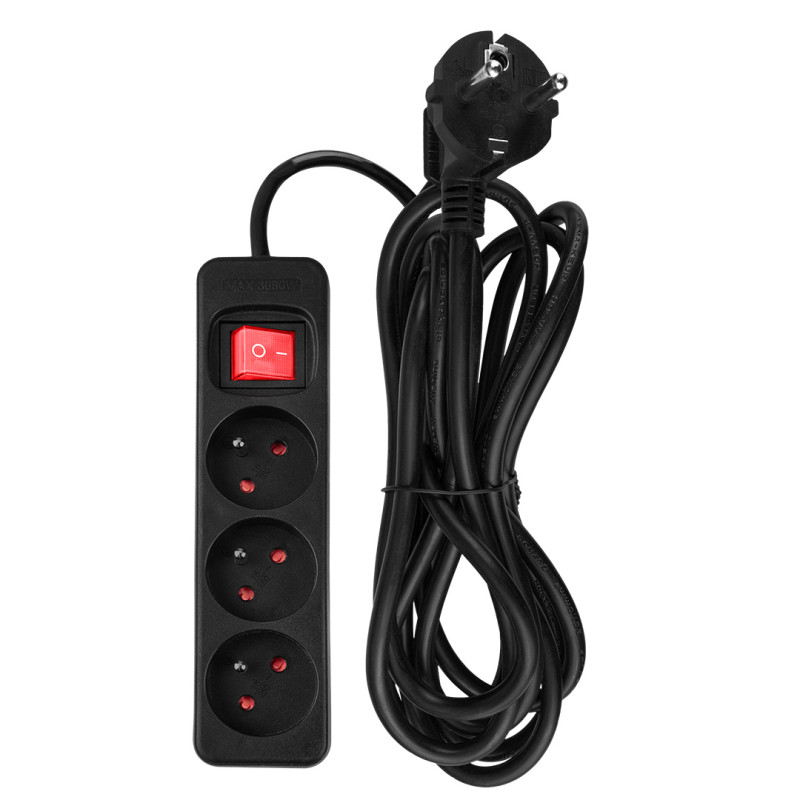 Förlängningssladd 3m, 3x1.5mm2, 3G, svart, ON/OFF