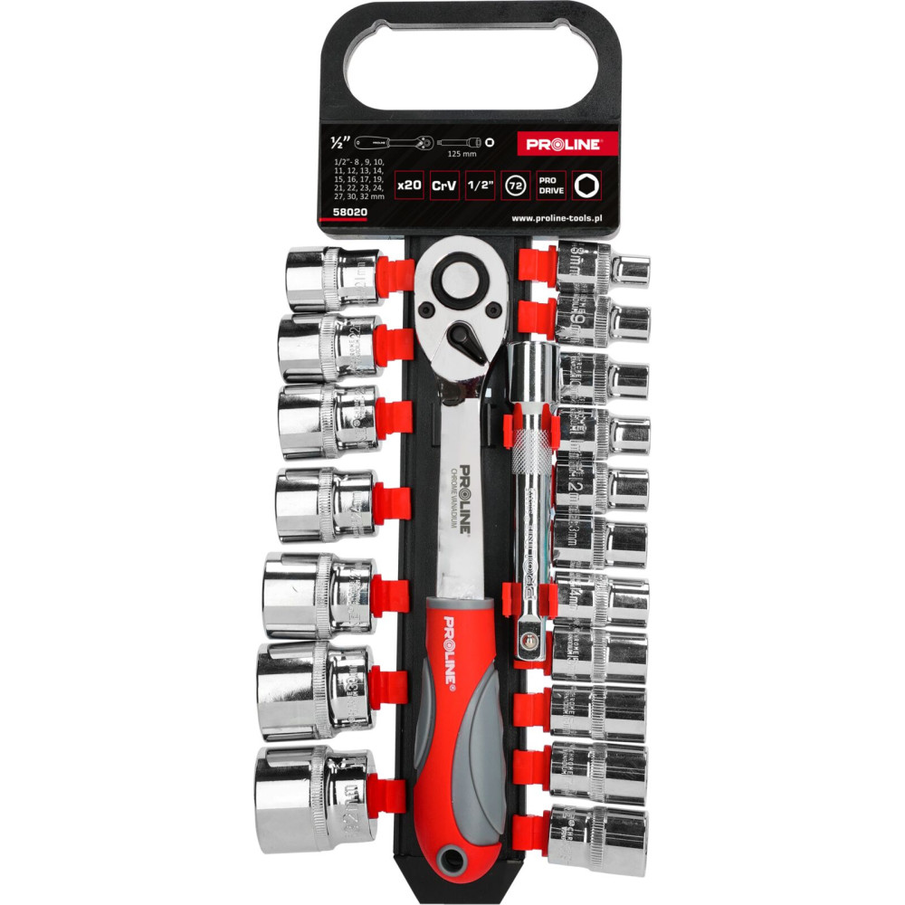 Zestaw 20 szt. nasadek, crv,1/2',8-32mm,przedłużka,proline Zestaw 20 szt. nasadek, crv,1/2',8-32mm,przedłużka,proline
