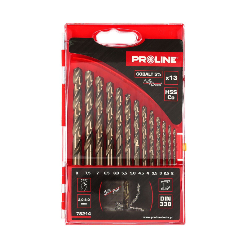 Borrsatser för metall HSSCO DIN338 slipning. 13 st (2-8 mm) Proline. 

Let me know if you need help with anything else!