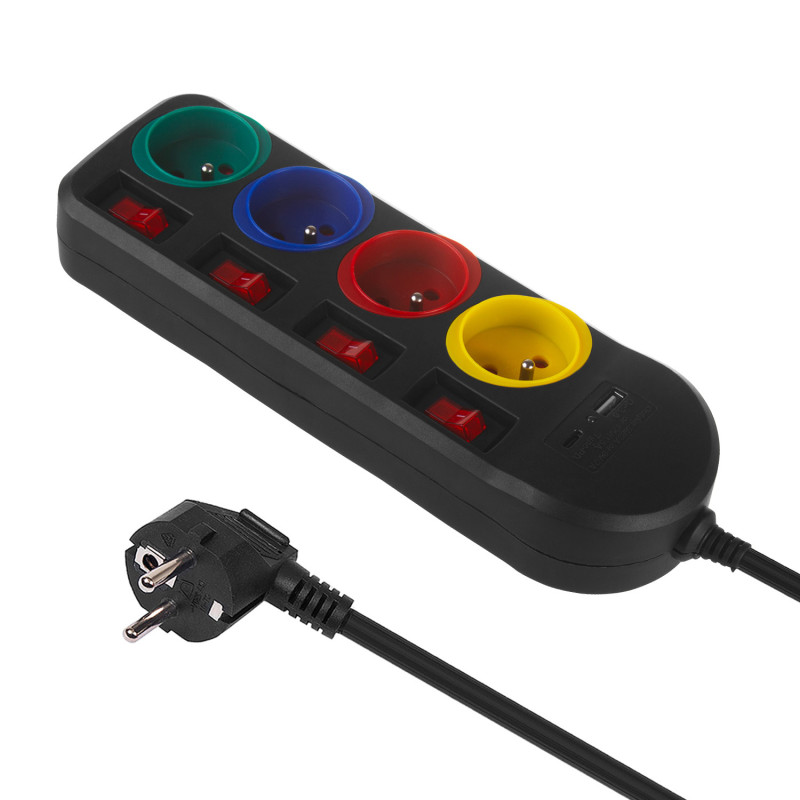 Strömförsörjningslist Maclean, förlängningssladd med 4 uttag + USB A / C, med strömbrytare, 250VAC/10A, 1,5m, svart, MCE508 B