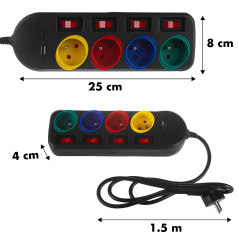 Strömförsörjningslist Maclean, förlängningssladd med 4 uttag + USB A / C, med strömbrytare, 250VAC/10A, 1,5m, svart, MCE508 B…