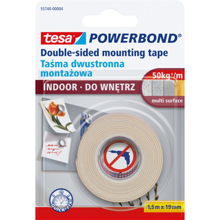 Monteringstejp Powerbond för inomhusbruk 1,5m:19mm (upp till 4,2 kg per 10 cm)