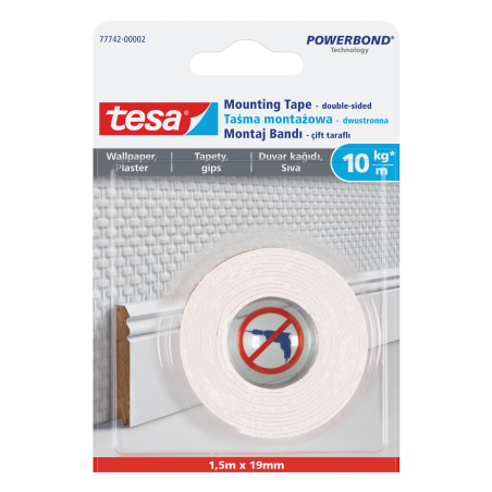 Monteringstejp för att fästa på tapeter 1,5 m: 19 mm