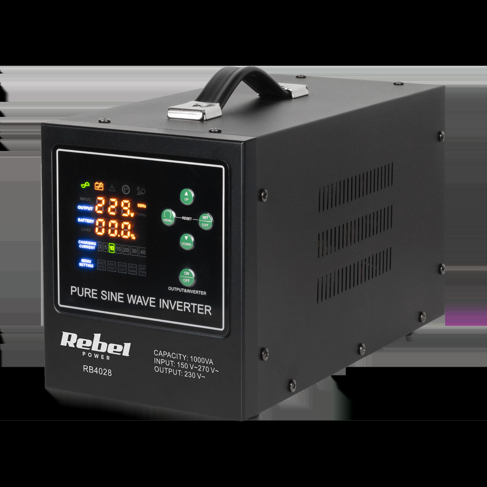 Nödströmsaggregat Rebel POWER-1000-LFP4 - omvandlare med ren sinusvåg och laddningsfunktion 12V 230V 1000VA/7