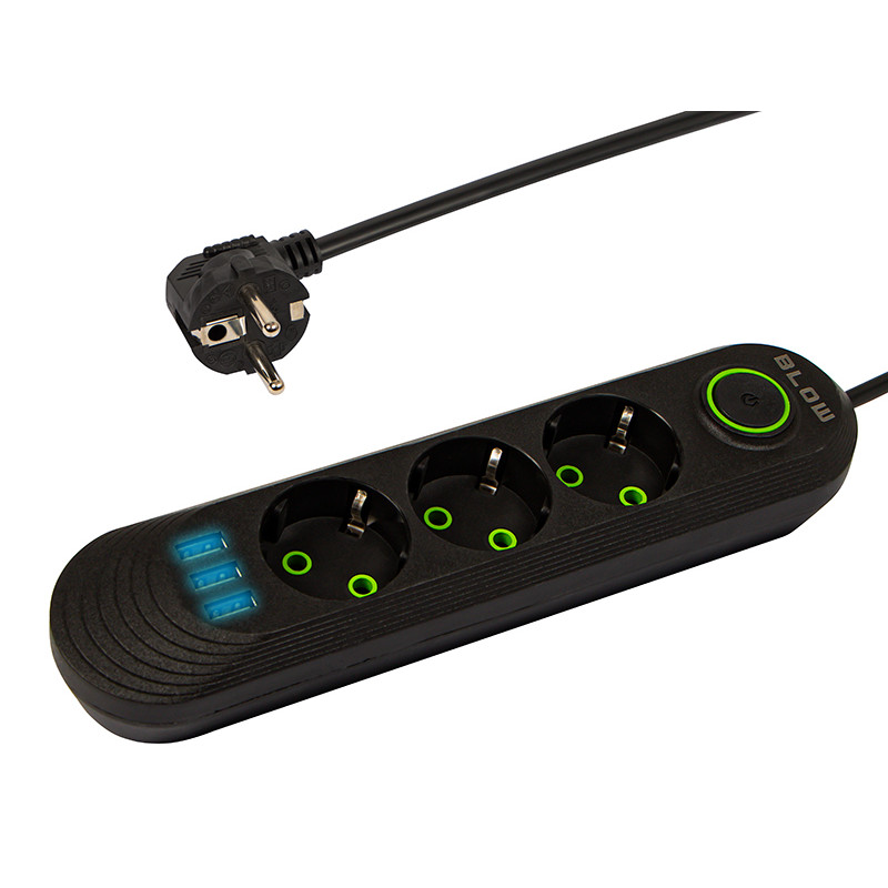 98-214- Nätdelar förlängare ps-330 3-uttag 3xusb 3m svart 2x1mm