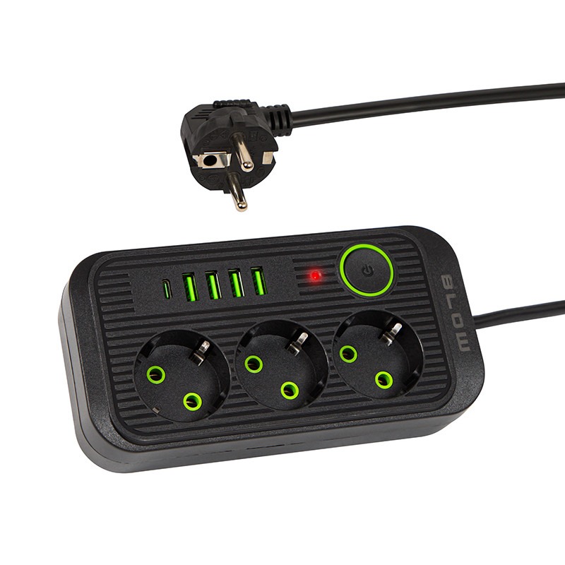 98-234- Nätdelar förlängare ps-330s 3-uttag 4xusb 1xusb-c 3m svart 3x1mm