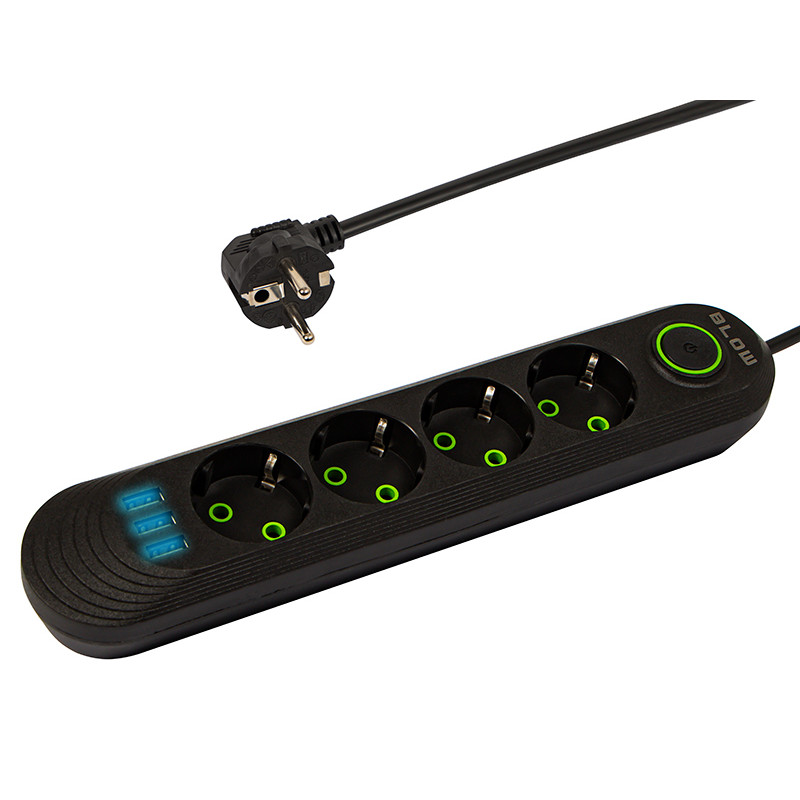98-220- Nätdelar förlängare ps-430 4-uttag 3xusb 3m svart 2x1mm