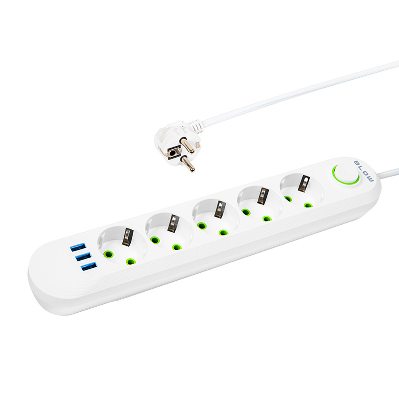 98-230- Nätkabel förlängare ps-530 5-uttag 3xusb 3m vit 2x1mm