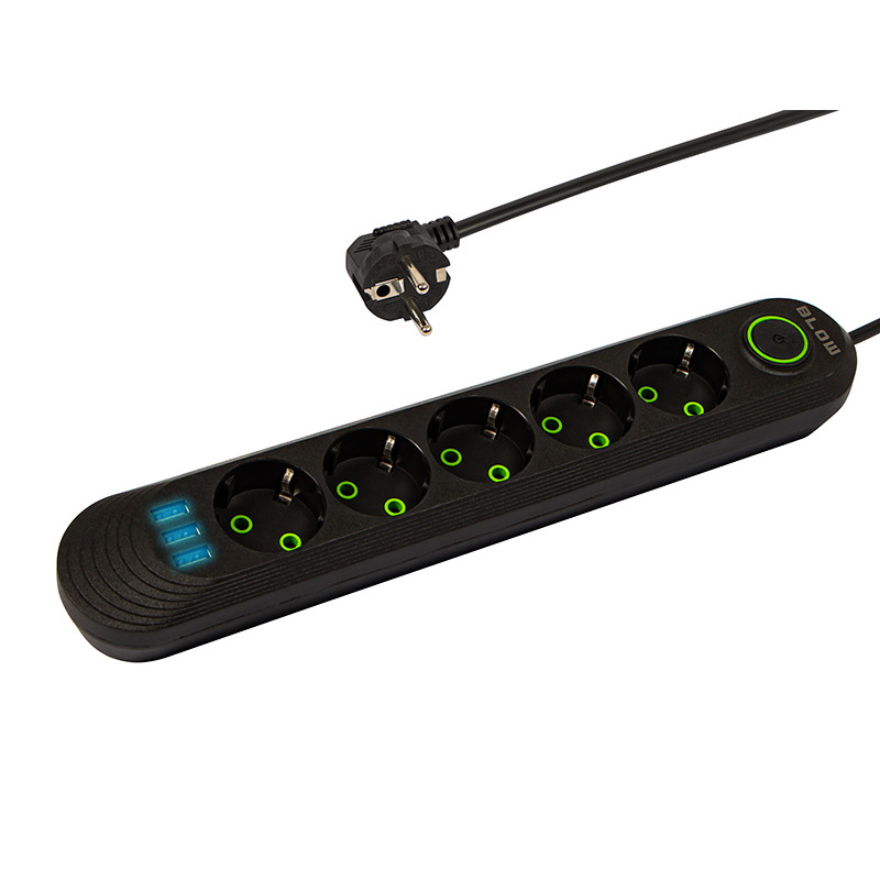 98-227- Nätdelar förlängare ps-530 5-uttag 3xusb 3m svart 2x1mm