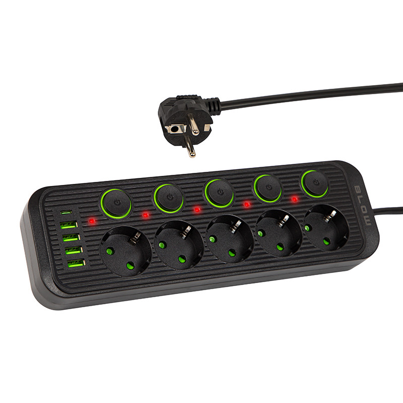 98-209- Nätdelar förlängningskabel ps-550s 5-uttag 4xusb 1xusb-c 5m svart 3x1mm