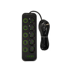 98-209- Nätdelar förlängningskabel ps-550s 5-uttag 4xusb 1xusb-c 5m svart 3x1mm