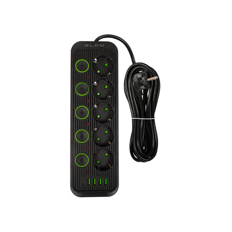 98-209- Nätdelar förlängningskabel ps-550s 5-uttag 4xusb 1xusb-c 5m svart 3x1mm