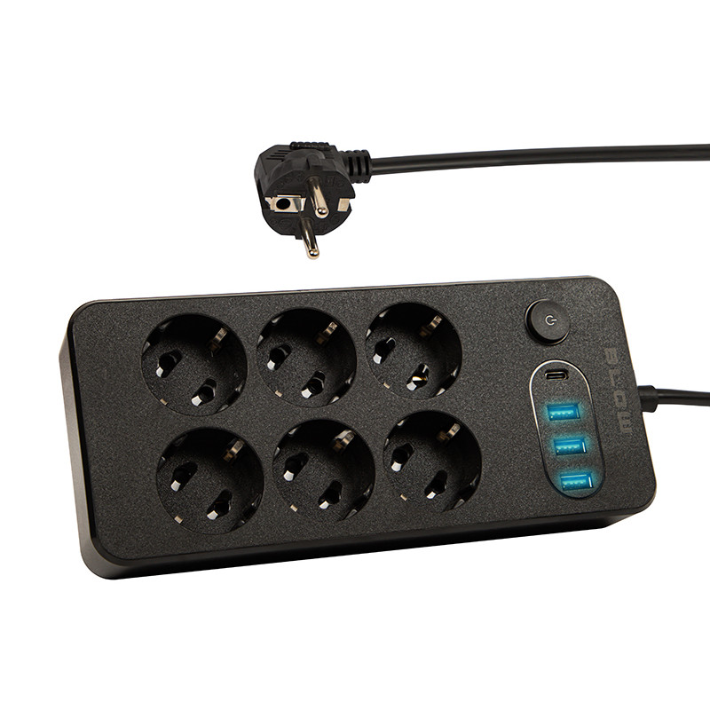 98-210- Nätdelar förlängare ps-620 6-uttag 3xusb 1xusb-c 2m svart 2x1mm