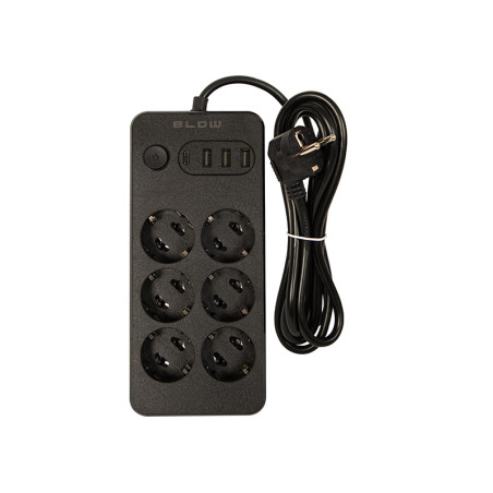 98-210- Nätdelar förlängare ps-620 6-uttag 3xusb 1xusb-c 2m svart 2x1mm