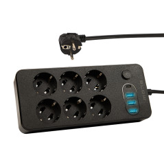 98-211- Nätdel PS-630 förlängningskabel 6 uttag 3xUSB 1xUSB-C 3m svart 2x1mm
