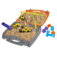 Byggarbetsplats med kinetisk sand, leksak i en resväska