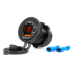 Bil laddare med USB-uttag och vattentätt spänningsmätare med USB-strömbrytare + USB C QC3.0 12/24V amio-04222