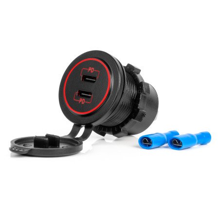 Bil laddare med vattentäta USB-uttag 2x USB-C 12V 24V amio-04223