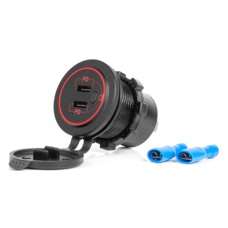 Bil laddare med vattentäta USB-uttag med strömbrytare 2x USB-C 12V 24V amio-04224