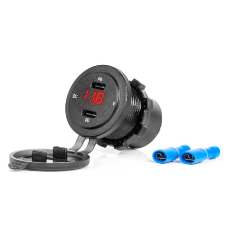 Biladdare för bilar med USB-uttag och spänningsmätare vattentät 2x USB-C 12V 24V amio-04225.