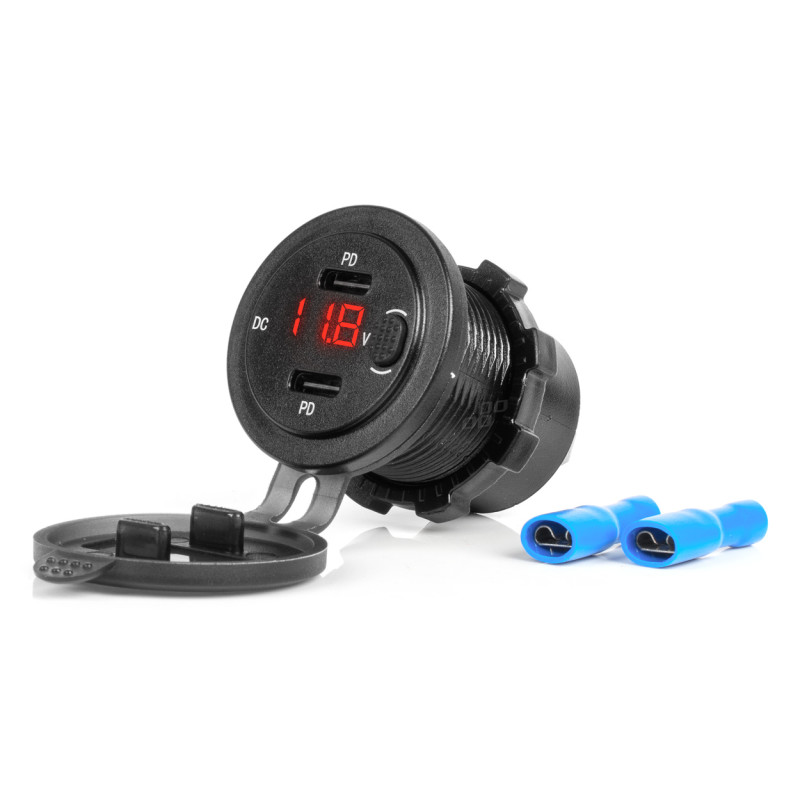 Bil laddare med USB-uttag och vattentät spänningsmätare med strömbrytare 2x USB-C 12V 24V amio-04226