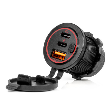 Bil laddare med vattentäta USB-uttag med USB-strömställare + 2x USB-C QC3.0 12V 24V amio-04227