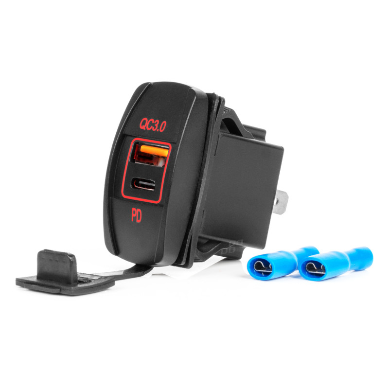 Bil laddare med vattentäta USB-uttag i form av en båt USB + USB-C QC3.0 12V 24V amio-04229.