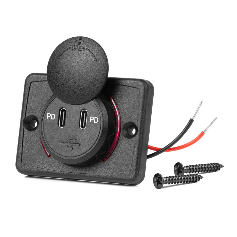 Bil laddare med vattentäta kvadratiska USB-uttag 2x USB-C 12V 24V amio-04232