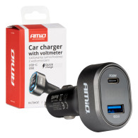 Snabbladdare för bil med voltmeter 48W PD30W QC3.0 USB-A USB-C amio-04178