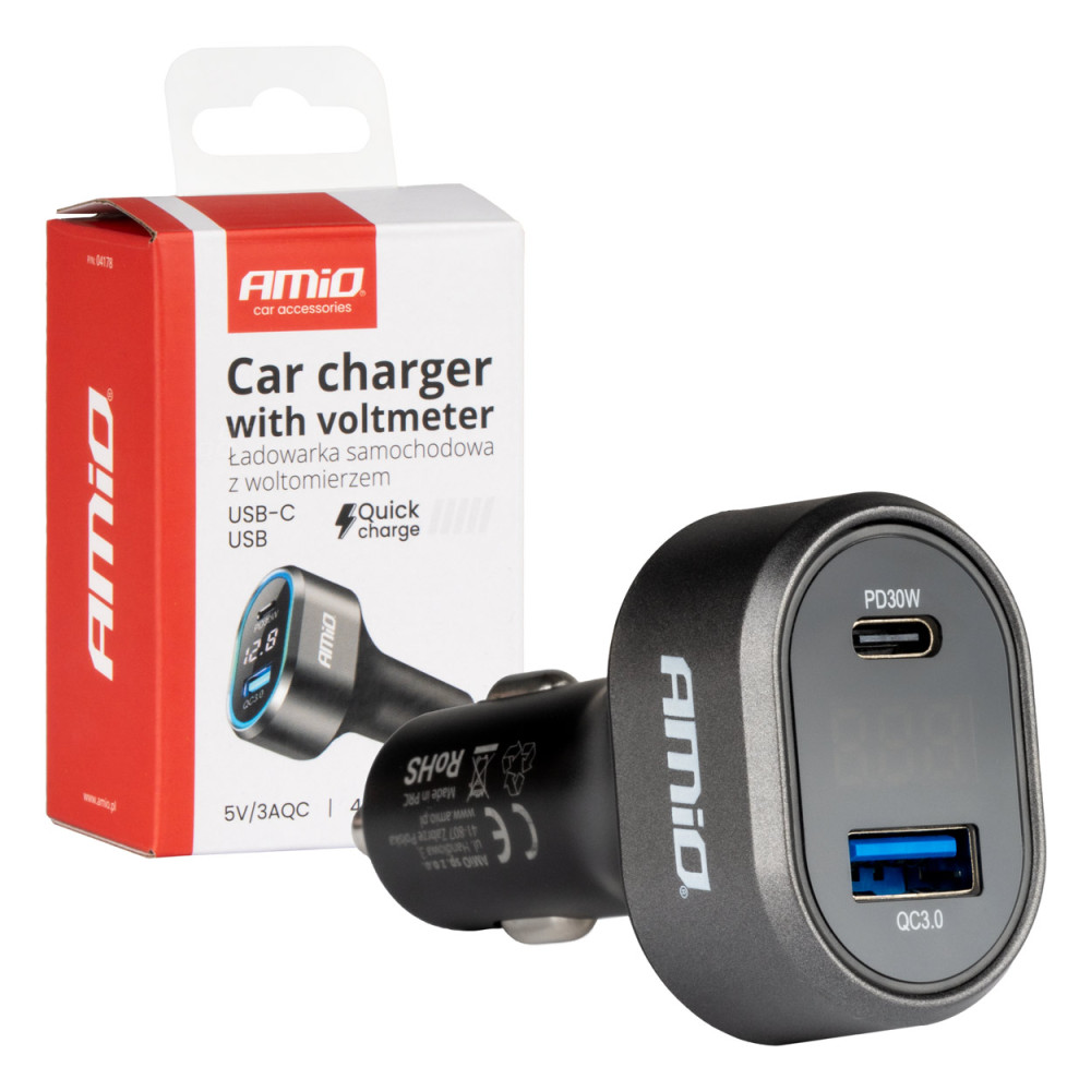 Snabbladdare för bil med voltmeter 48W PD30W QC3.0 USB-A USB-C amio-04178 Snabbladdare för bil med voltmeter 48W PD30W QC3.0 USB-A USB-C amio-04178