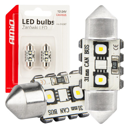 LED-lampor canbus festoon c5w 2smd 3838 31mm vit 12v 24v amio-04247