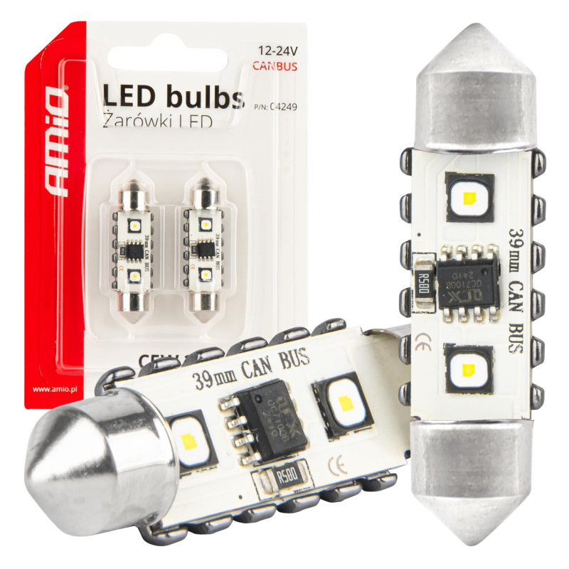 LED-lampor Canbus festoon C5W 2 SMD 3838 39 mm vit 12V 24V amio-04249