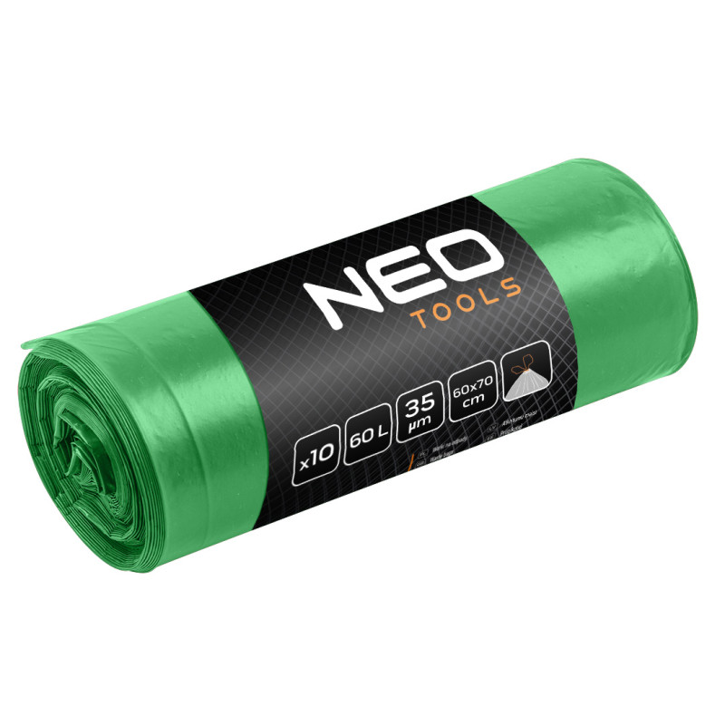 Soppsäckar 60 L, gröna med band, 35 mikron, 10 st.