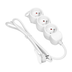 Förlängningskabel 3-vägs 2P+Z, 5m H05VV-F 3x1,5mm2, Imax-16A, platt kontakt, vit