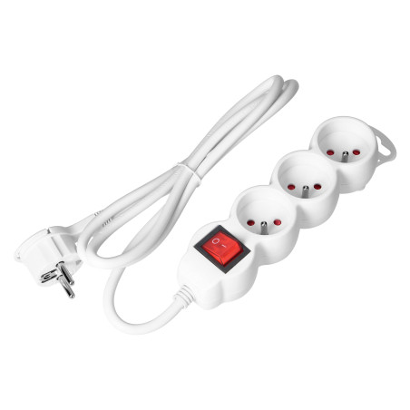 Förlängningssladd 3-vägs 2P+Z, med strömbrytare, 3m H05VV-F 3x1,5mm2, Imax-16A, platt stickpropp, vit