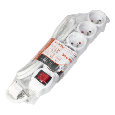 Förlängningssladd 5-vägs med strömbrytare, 1,5m H05VV-F 3x1,5mm2, Imax-16A, platt stickpropp, vit