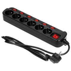 Strömförsörjningslist 'Multiswitch', 6 uttag 2P+Z, kabel 3x1,0mm², längd 1,5m. Termisk brytare. 10A/230 VAC, svart. |…