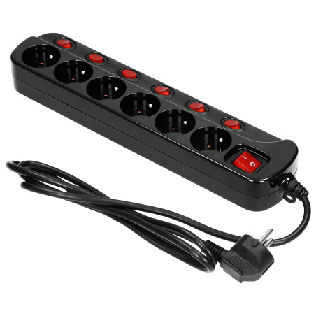 Strömförsörjningslist 'Multiswitch', 6 uttag 2P+Z, kabel 3x1,0mm², längd 1,5m. Termisk brytare. 10A/230 VAC, svart. |…